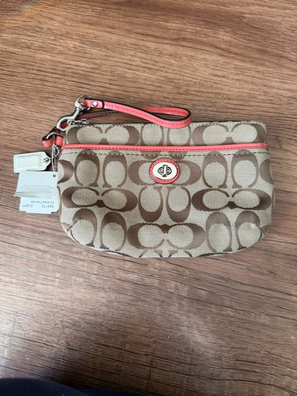 Coach Signature Canvas Wristlet Coral Trim Zip Pouch
